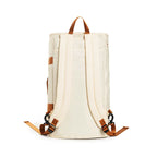 Beige backpack with brown straps on a white background