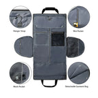Gray garment bag with hanger strap, wet pocket, mesh pocket, and detachable garment bag features.