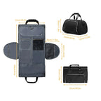Black travel bag with measurements on a white background
