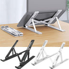 Laptop stand on a wooden surface with additional stands in the background