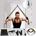 Man using resistance bands against a white door with additional resistance bands displayed below.