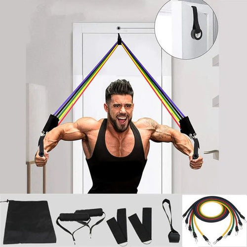 Man using resistance bands against a white door with additional resistance bands displayed below.
