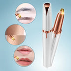 White and rose gold device with close-up images of skin treatment on a light blue background