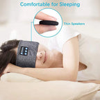 Person wearing a Bluetooth sleep headband with thin speakers highlighted.