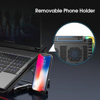 Laptop with a phone holder and close-up of cooling system on a dark background