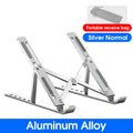 Silver laptop stand with 'Aluminum Alloy' text on a white background