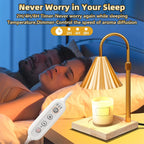 Aromatherapy diffuser with remote control on a bedside table next to a couple in bed, with text about timer and temperature control.