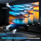 Projector with screen size options and mounting methods in a dark room setting.