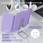 Purple power bank with stand on a desk with laptop and icons indicating its uses.