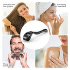 Collage of a woman with long hair, a man with a beard, and a woman with a face roller, each with text describing a skincare or hair care product.