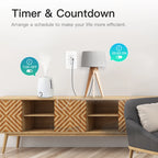 Modern living room with a wooden cabinet, lamp, and air diffuser, featuring text about timer and countdown functions.