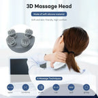 3D massage head with a woman using it for neck massage, on a white background.