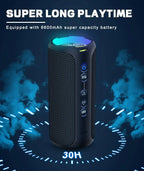Portable speaker with blue light on a dark background, emphasizing long playtime and battery capacity.