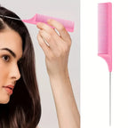 Woman using a pink comb on her hair with a close-up of the comb on a white background.
