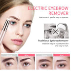 Advertisement for an electric eyebrow remover with before and after effects on eyebrows.