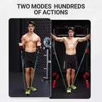 Man using resistance bands in two different poses with text 'Two Modes Hundreds of Actions' on a light gray background.