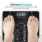 Digital bathroom scale with feet on it, displaying weight, on a white background.
