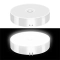 Round white device with a light feature on a black background
