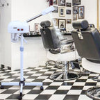 Barber chair with a hair dryer stand in a barbershop setting.