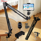 Black adjustable camera or phone holder with remote control on a wooden floor.