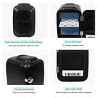 Black mini refrigerator with features highlighted on a white background