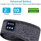 Gray Bluetooth headband with battery display on a white background, featuring text about battery life.