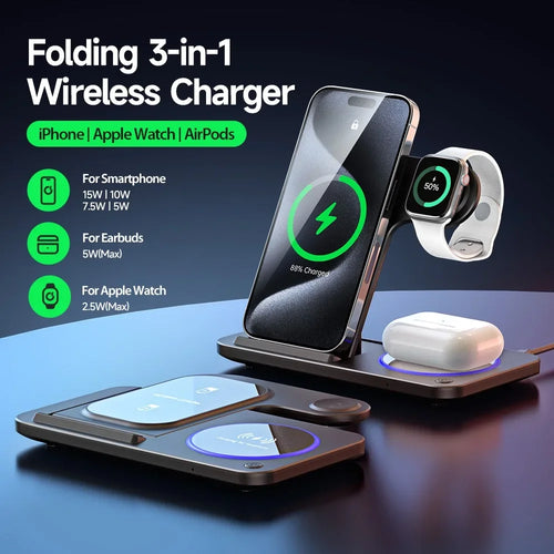 3-in-1 wireless charger with smartphone, Apple Watch, and AirPods on a dark background