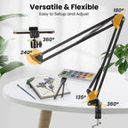 Flexible arm with adjustable angles on a table with art supplies, against a white curtain background.