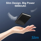 Black portable charger held in a hand with text 'Slim Design, Big Power 5000mAh' on a dark blue background.