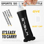Black sports water bottle with text and a hand holding it