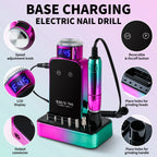 Base charging electric nail drill with features highlighted on a light purple background