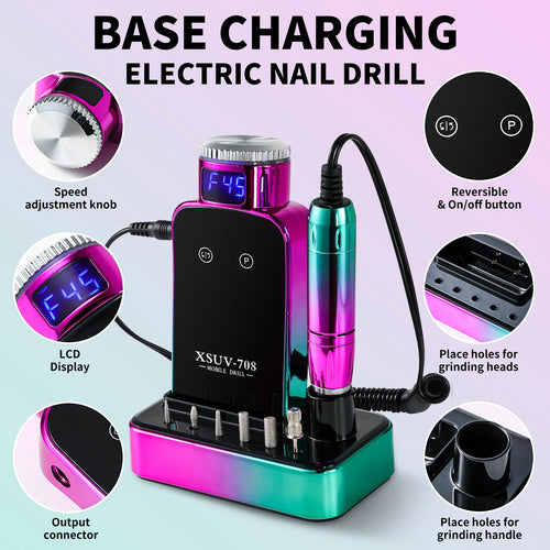 Base charging electric nail drill with features highlighted on a light purple background