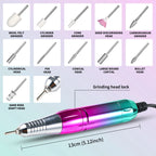 Collection of various grinding heads and a multicolored rotary tool on a light purple background.