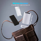 Small electronic device on a brown leather bag with text about mini size and impact.