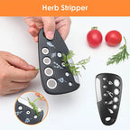 Herb Stripper being used with tomatoes and a close-up of the tool on a white background.