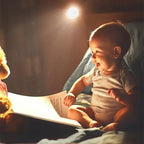 Baby reading a book with a teddy bear in a cozy setting