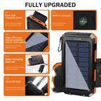 Solar power bank with features highlighted on an orange background