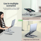 Laptop stand being used by a person and on a desk with text describing its versatility.