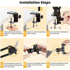 Step-by-step installation guide for a C-clamp mounting system on a yellow background