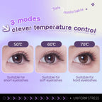 Advertisement for eyelash care with temperature control options on a purple background