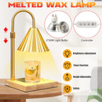 Gold melted wax lamp with light bulbs and controller on a wooden surface