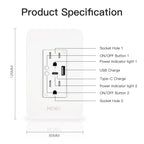 Product specification diagram of a power adapter with labeled parts and dimensions.
