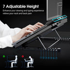 Adjustable laptop stand being used with a laptop and keyboard, highlighting its height adjustment feature.