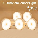 Set of six LED motion sensor lights on a beige background with text indicating quantity.