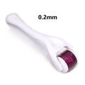 Derma roller with purple metallic head and white handle on a white background