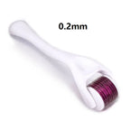 Derma roller with purple metallic head and white handle on a white background