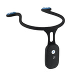 Black and blue electronic device with a flexible arm on a white background