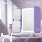 Lavender makeup mirror with LED lights on a white surface, featuring the brand 'SEJOY'.