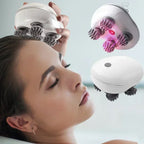 Woman using a facial massager with close-up insets on a light gray background