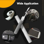 Two cleaning tools with a camera, phone, and keyboard on a black background with 'Wide Application' text.